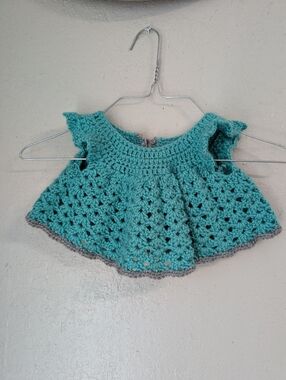 Handmade Crocheted Baby Dress - Teal with Gray Trim Button Back 0-3 Mos